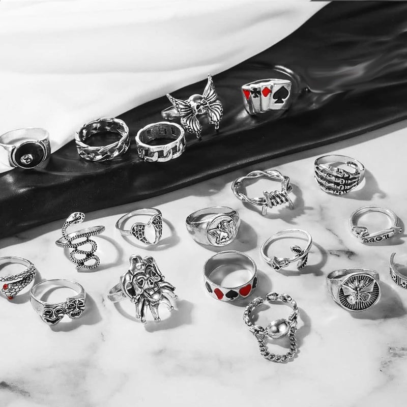 17IF 26-35 Pcs Vintage Silver Knuckle Rings Set for Women Men, Grunge Gothic Rings Chunky Aesthetic Snake Stackable Adjustable Punk Bulky Finger Alt Fairy Skull Frog Heart Star Flower Midi Ring Pack - Image 3